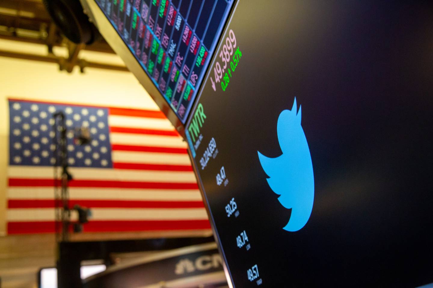 Un monitor con la señalización de Twitter Inc. en el parqué de la Bolsa de Nueva York (NYSE) en Nueva York, Estados Unidos, el viernes 29 de abril de 2022.