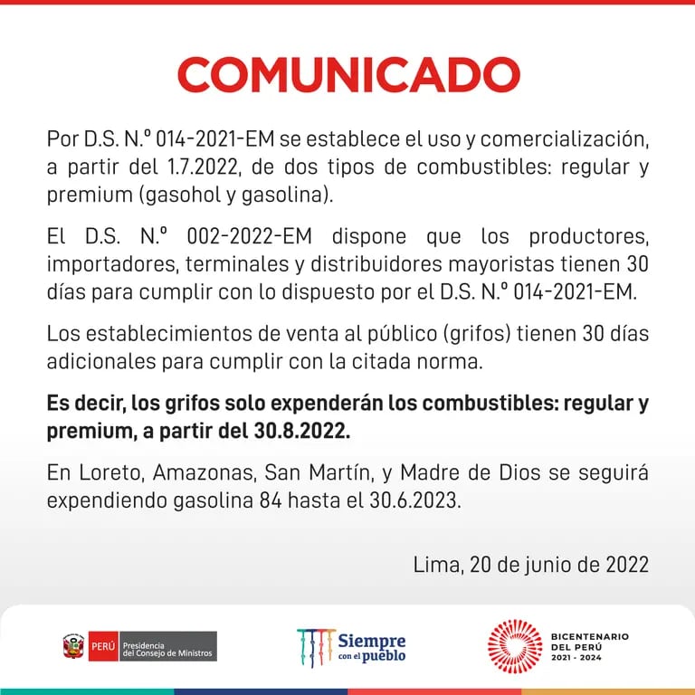 Comunicado de la PCM sobre la gasolina regular y premium en Perú.dfd