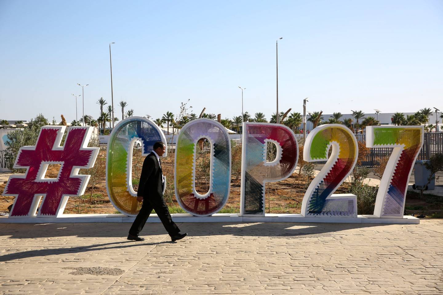 A COP27 logo sign in the grounds of the Green Zone area at the COP27 climate conference at the Sharm El Sheikh International Convention Centre in Sharm El-Sheikh, Egypt.