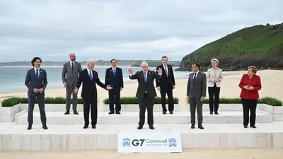 Líderes do G7 na Cornualha, Reino Unido, em junho de 2021. Fotógrafo: Leon Neal/WPA Pool/Getty Images