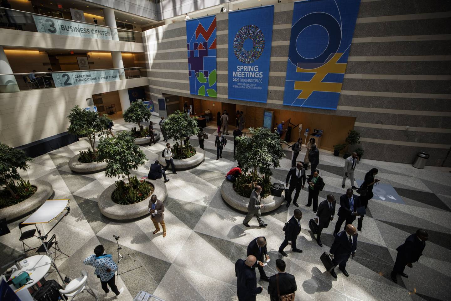 An International Monetary Fund (IMF) and World Bank spring meetings sign inside the IMF headquarters in Washington, DC.