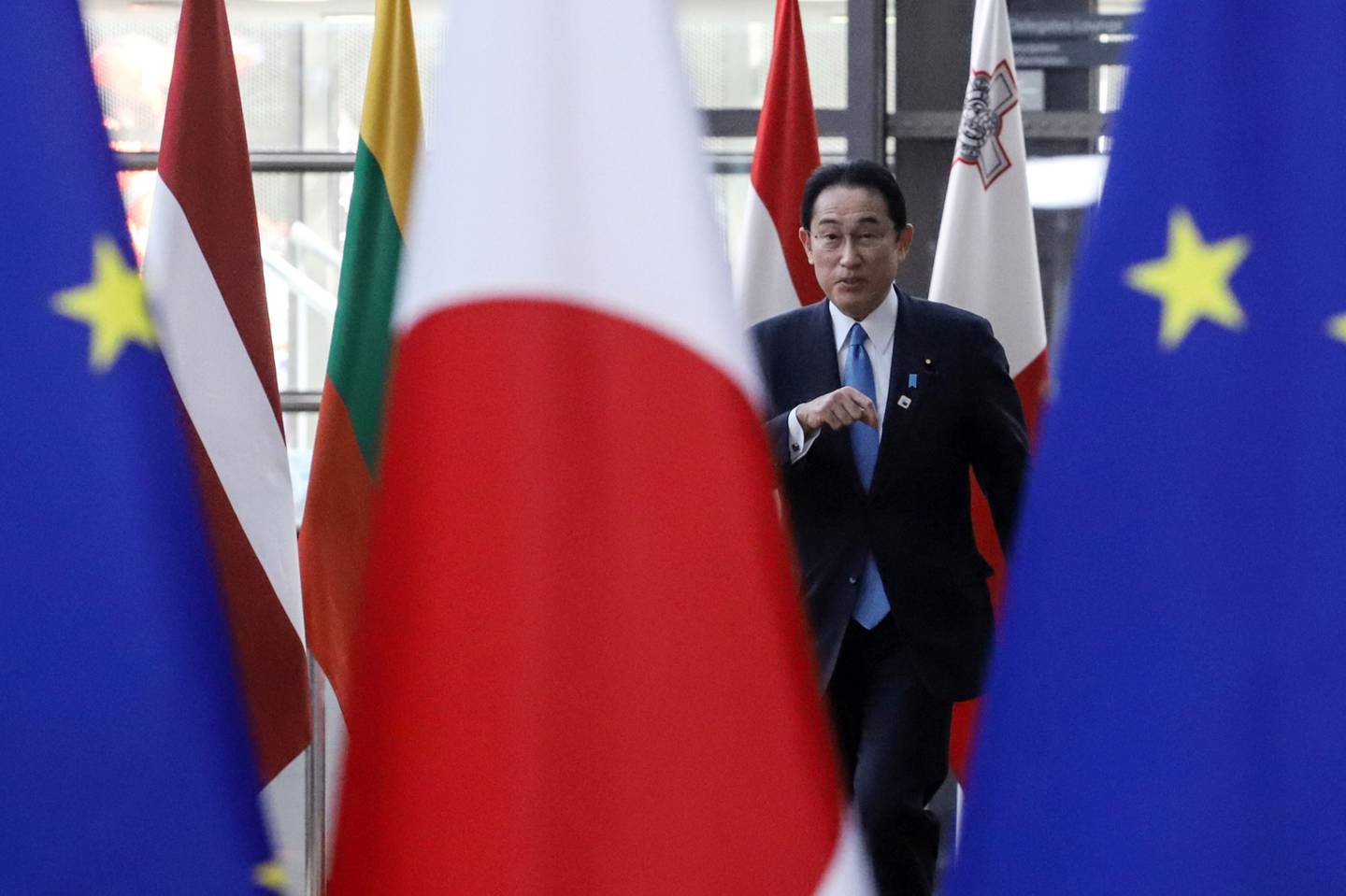 Fumio Kishida, Japan's prime minister, at the European Union (EU) Council headquarters in Brussels, Belgium, on Thursday, March 24, 2022. The world's leading economic powers plan to say that they will continue to impose "severe consequences" on Russia by fully implementing the sanctions that countries have already imposed and stand ready to apply additional measures.