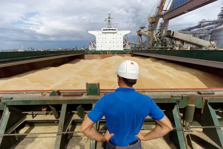 Un carguero lleno de granos de trigo para exportar en el puerto de Mykolaiv en 2016.Fotógrafo: Vincent Mundy/Bloombergdfd