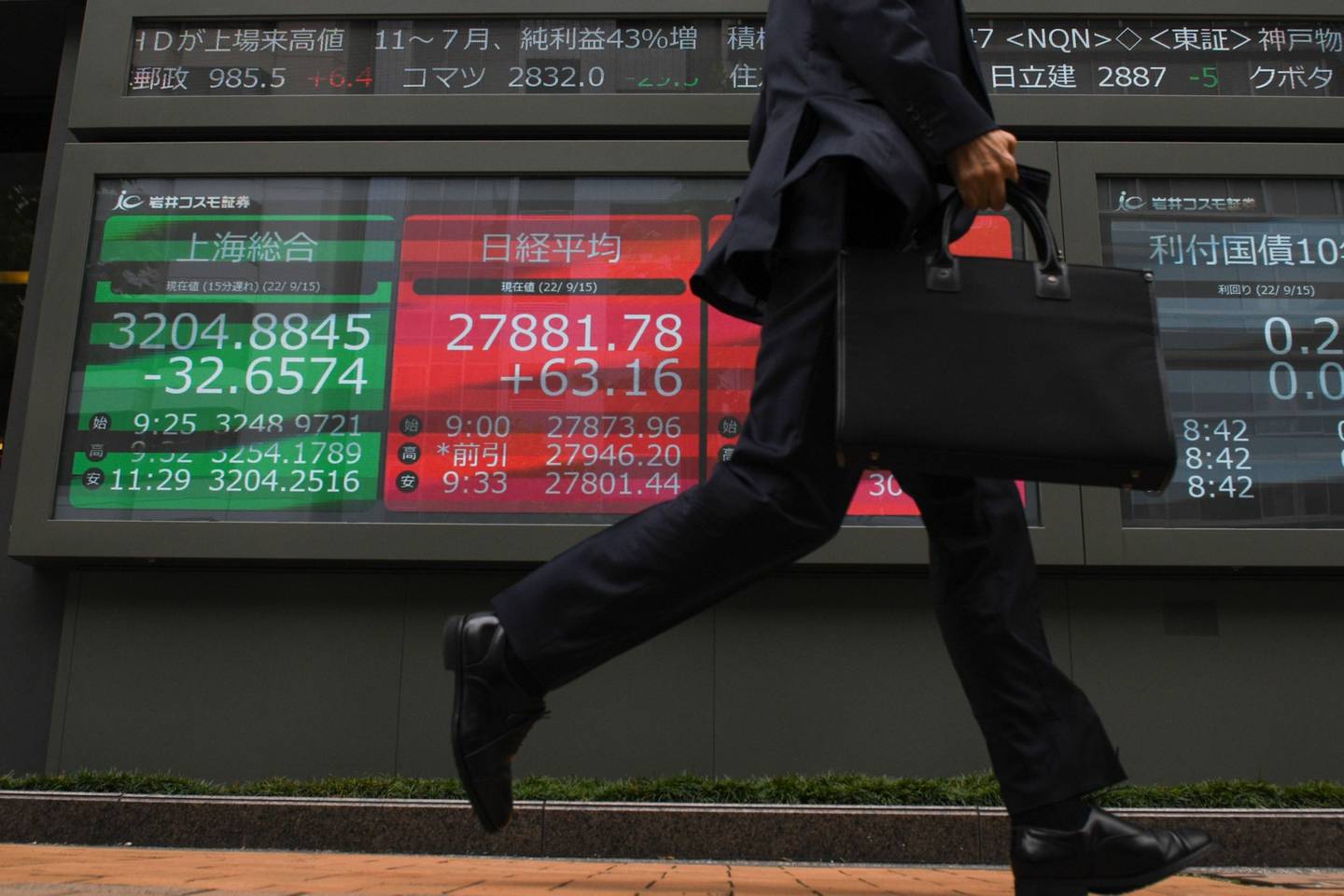 Un peatón frente a un tablero electrónico de valores que muestra el Índice Compuesto de Shanghai, izquierda, y las cifras del Nikkei 225 Stock Average, centro, fuera de una firma de valores en Tokio, Japón, el jueves 15 de septiembre de 2022. Fotógrafa: Noriko Hayashi/Bloomberg