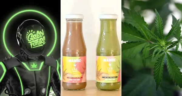 A Greenlab NFT, a cannabis-based drink, and a cannabis plant.