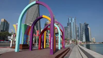 A FIFA World Cup 2022 walkway entrance along the Doha Corniche.