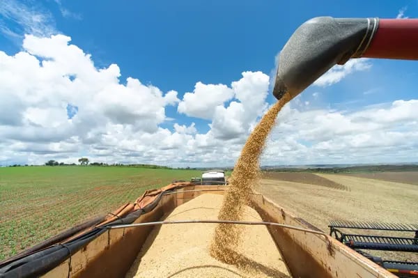 Colheita de soja em fazenda no Brasil