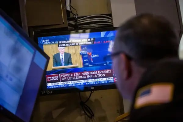 New York Stock Exchange As Futures Dip Ahead Of Powell Speech