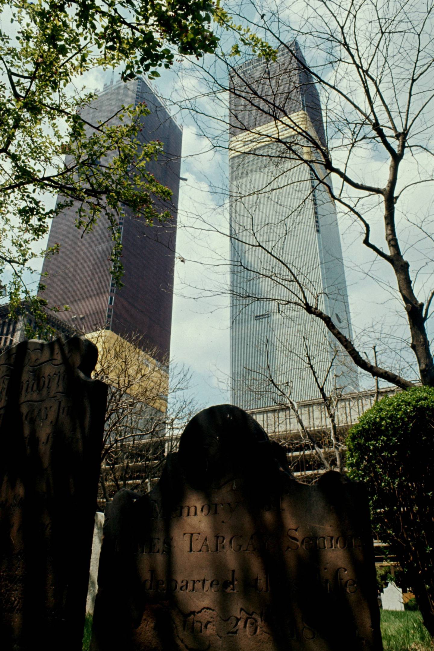 The World Trade Center rises above St. Paul’s Churchyard, 1970.