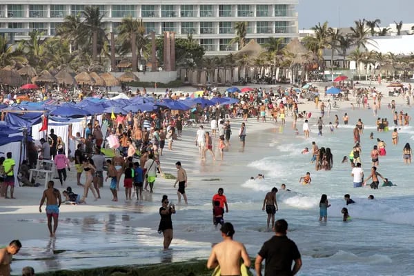 A crowded beach in Cancún, Mexico, on April 3, 2021.