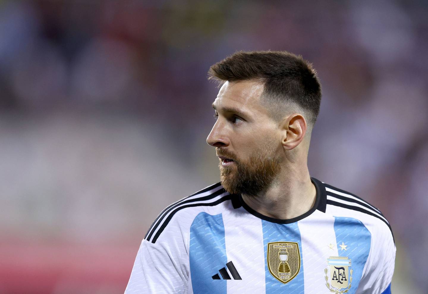 HARRISON, NEW JERSEY - SEPTEMBER 27: Lionel Messi #10 of Argentina reacts in the second half against Jamaica at Red Bull Arena on September 27, 2022 in Harrison, New Jersey. Argentina defeated Jamaica 3-0. (Photo by Elsa/Getty Images)dfd