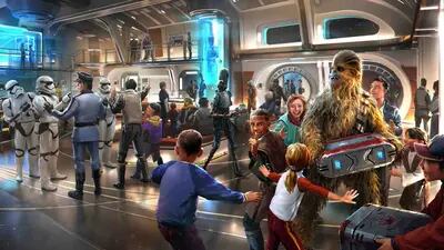 Guests will step into a bustling atrium when they arrive aboard Star Wars: Galactic Starcruiser Source: Disney/Lucasfilm Ltd.