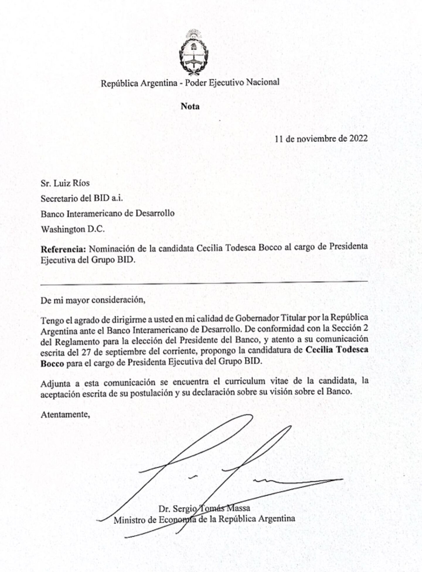 La carta firmada por Sergio Massa.dfd