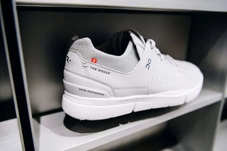 The "Roger" sneakers, named after tennis champion Roger Federer, for sale at On NYC flagship store in the NoHo neighborhood of New York, U.S., on Wednesday, July 21, 2021. On has been preparing for an initial public offering in New York that could value the company as high as $5 billion, Bloomberg reported in April, citing people with knowledge of the matter. Photographer: Nina Westervelt/Bloombergdfd