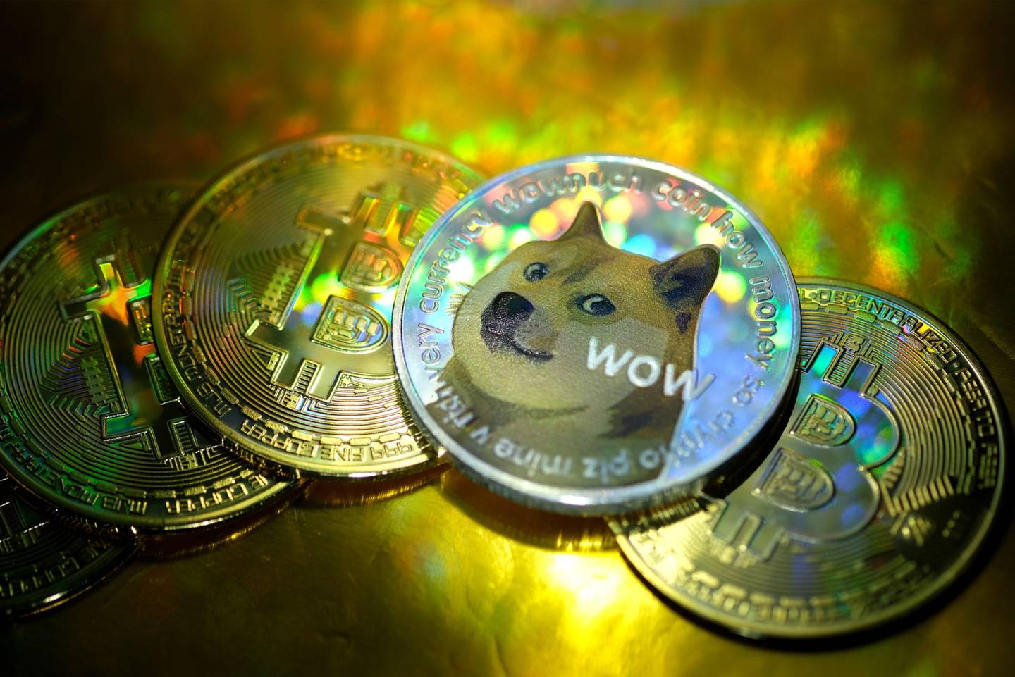 KATWIJK, NETHERLANDS - JANUARY 29: In this photo illustration, visual representations of digital cryptocurrencies, Dogecoin and Bitcoin are arranged on January 29, 2021 in Katwijk, Netherlands. (Photo by Yuriko Nakao/Getty Images)