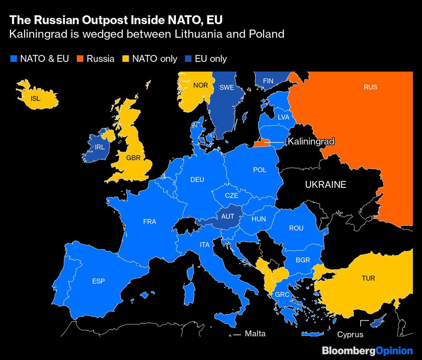 El puesto de avanzada ruso dentro de la OTAN, la UE
Kaliningrado está encajado entre Lituania y Polonia
Azul: OTAN y UE, Naranja: Rusia, Amarillo: Sólo OTAN, Azul oscuro: Sólo UEdfd