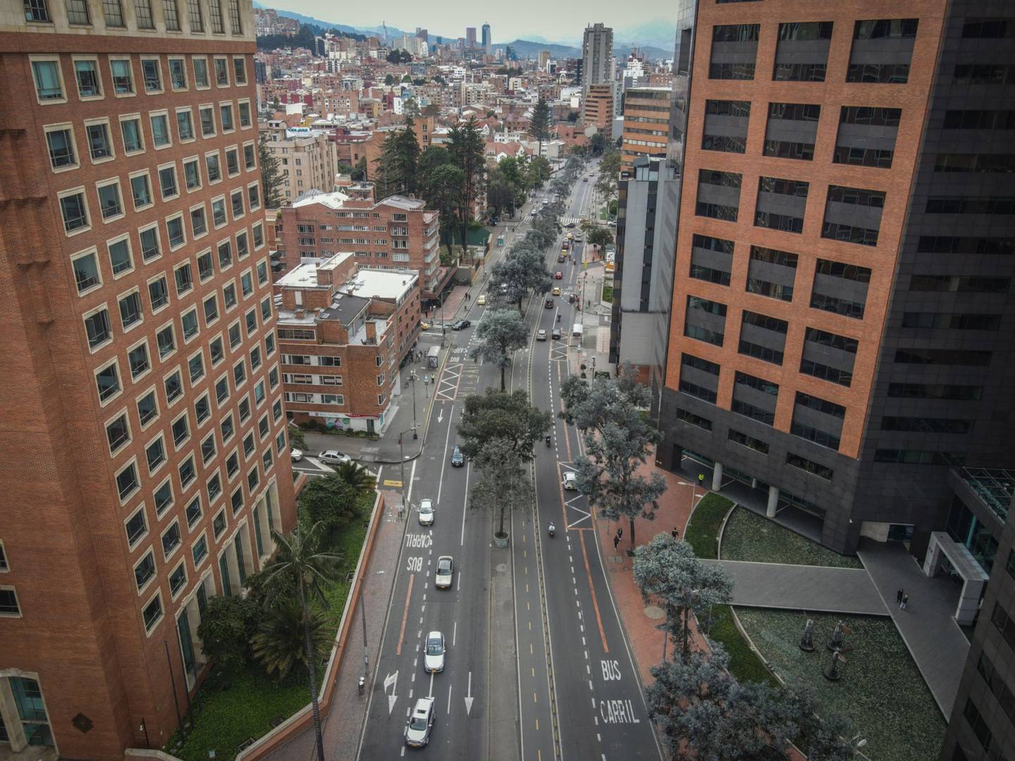 Vehicles on Carrera Septima in Bogota, Colombia, on Saturday, April 9, 2022. Colombia's bustling capital has an ambitious climate plan aiming for a 15% reduction in greenhouse gas emissions by 2024, a 50% reduction by 2030 and carbon neutrality by 2050. Photographer: Nathalia Angarita/Bloomberg