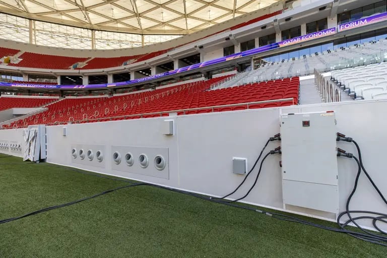 Pitch-side air conditioning vents at the Al Thumama football stadium in Doha, Qatar, on Monday, June 20, 2022.  Photographer: Christopher Pike/Bloombergdfd