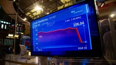 Un gráfico de SVB Financial Group que se muestra en el piso de la Bolsa de Valores de Nueva York en Nueva York, EE. UU., el viernes 10 de marzo de 2023.