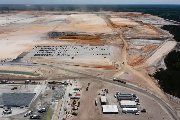 The site of a Hyundai electric vehicle assembly plant is seen from the air using a drone in Ellabell, Georgia, U.S.