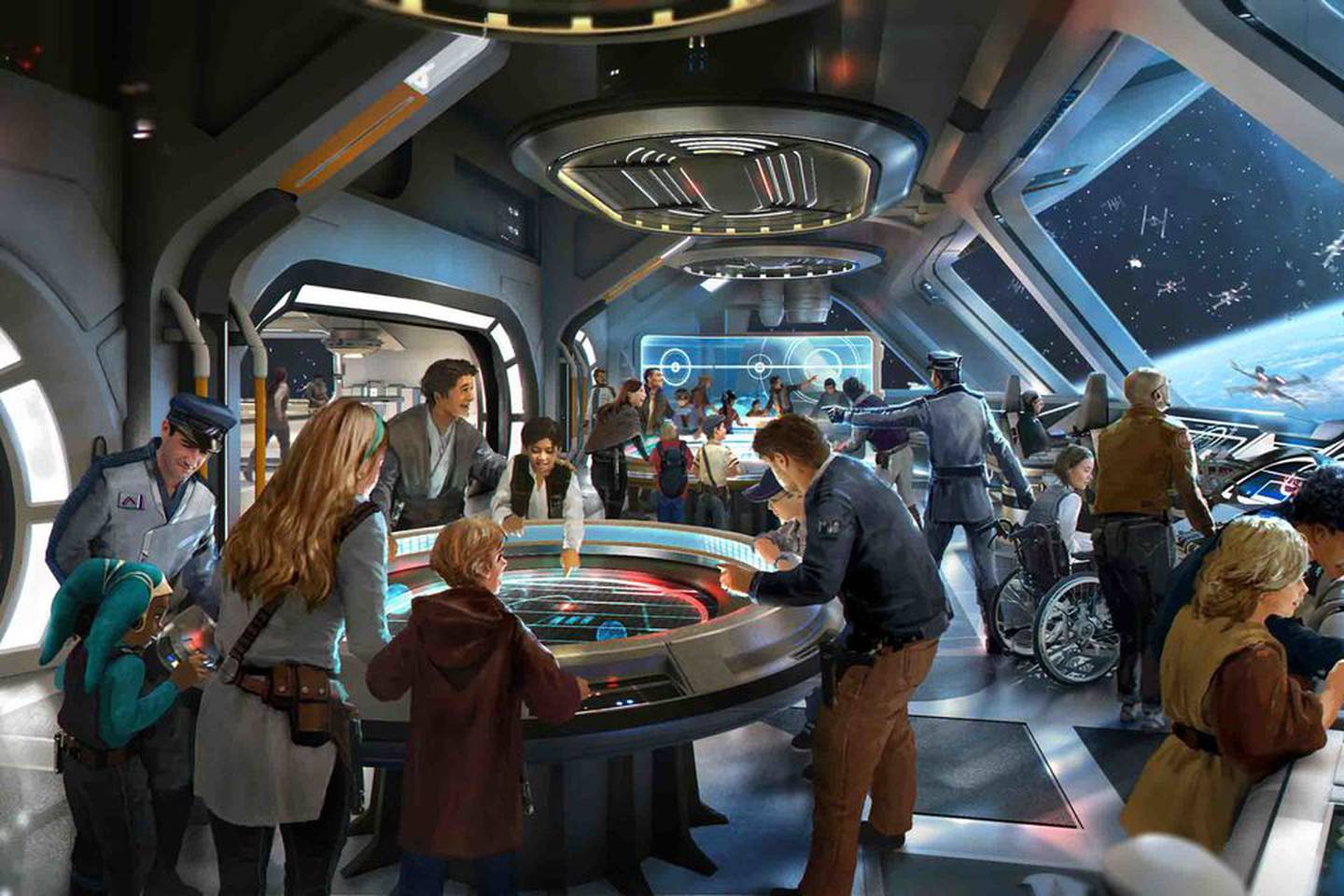 Varias estaciones forman parte de Bridge Training, donde los invitados aprenderán el funcionamiento interno de su nave a través de juegos tipo arcade.Fuente: Disney/Lucasfilm Ltd.dfd