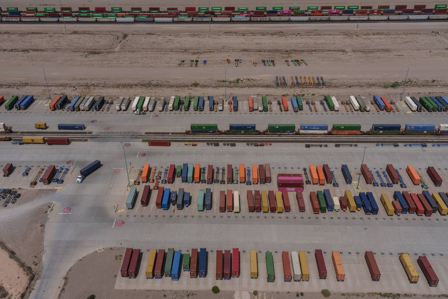 An aerial view of the Union Pacific intermodal Terminal in Santa Teresa, New Mexico on Tuesday, August 9, 2022.
