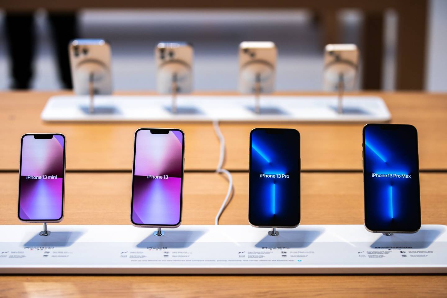 Apple iPhone 13 Mini, iPhone 13, iPhone 13 Pro and iPhone 13 Pro Max smartphones for sale at a store in New York, U.S., on Friday, Sept. 24, 2021.