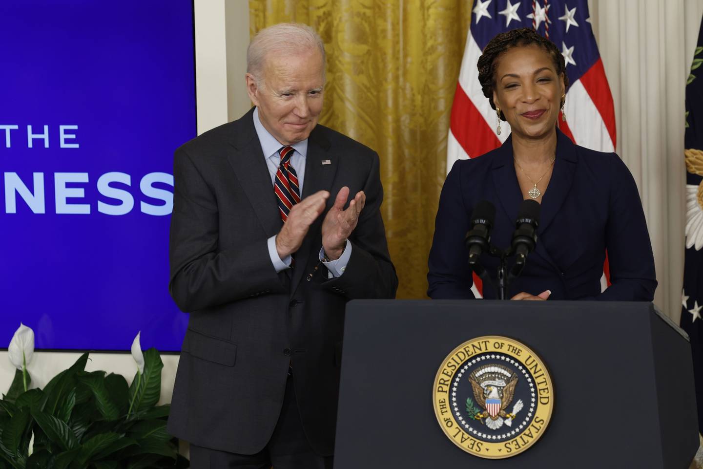 King attends the Small Business Administration's Women's Business Summit with US President Joe Biden at the White House in Washington, on March 27. Photographer: Chip Somodevilla/Getty Images&nbsp;dfd