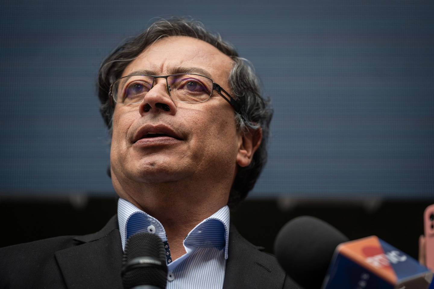 Gustavo Petro, presidential candidate of the Colombia Humana party, speaks to members of media after registering his candidacy at the National Civil Registry in Bogota, Colombia, on Thursday, Jan. 20, 2022. Petro is calling on ideological allies across Latin America and the world to join him in forming a new bloc to lead the economy away from fossil fuels. Photographer: Nathalia Angarita/Bloomberg