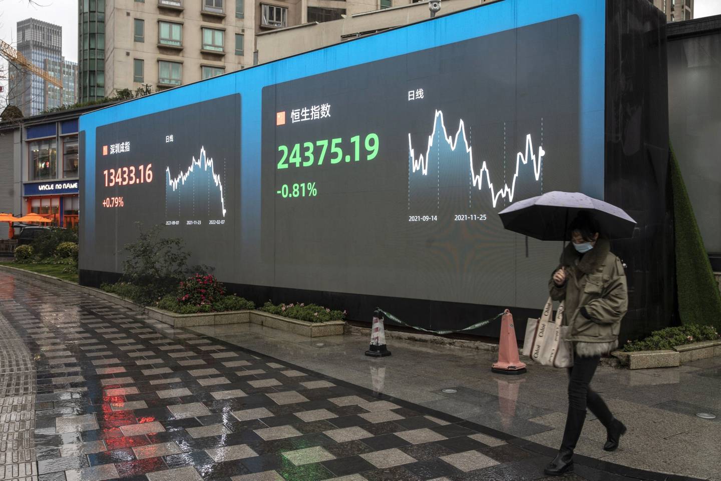 Una pantalla pública muestra las cifras de la Bolsa de Shenzhen y del índice Hang Seng en Shanghái, China, el lunes 7 de febrero de 2022.
