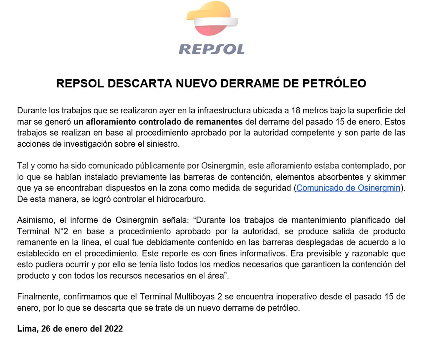 Repsol dice que no se ha dado un nuevo derrame de petróleo en la costa peruana.dfd