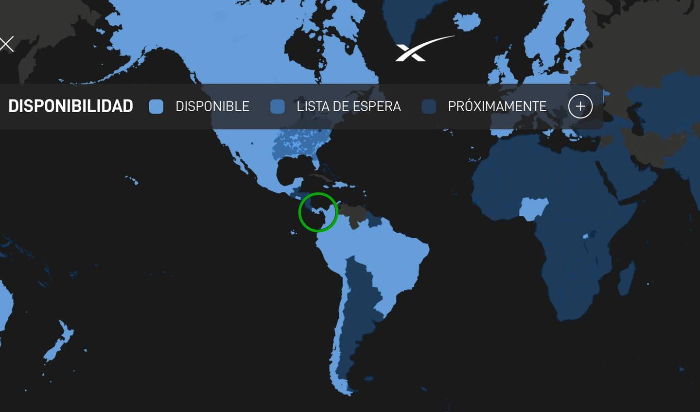 El mapa de cobertura de la compañía. (Captura de pantalla de Starlink.com.