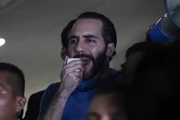 Nayib Bukele, El Salvador's president, speaks during a rally at the Supreme Electoral Court in San Salvador, El Salvador, on Thursday, Oct. 26, 2023. Bukele finalized his reelection bid for 2024, despite objections from legal experts and opposition figures who say the country's constitution prohibits his candidacy.