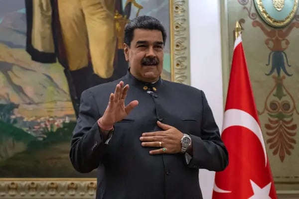 Nicolas Maduro, Venezuela's president, greets members of the media during a meeting at Miraflores Palace in Caracas, Venezuela, on Friday, April 29, 2022. Venezuela and Turkey’s governments signed economy, education and tourism agreements during the visit of Turkey’s Foreign Minister Mevlut Cavusoglu to the South American country. Photographer: Gaby Oraa/Bloomberg