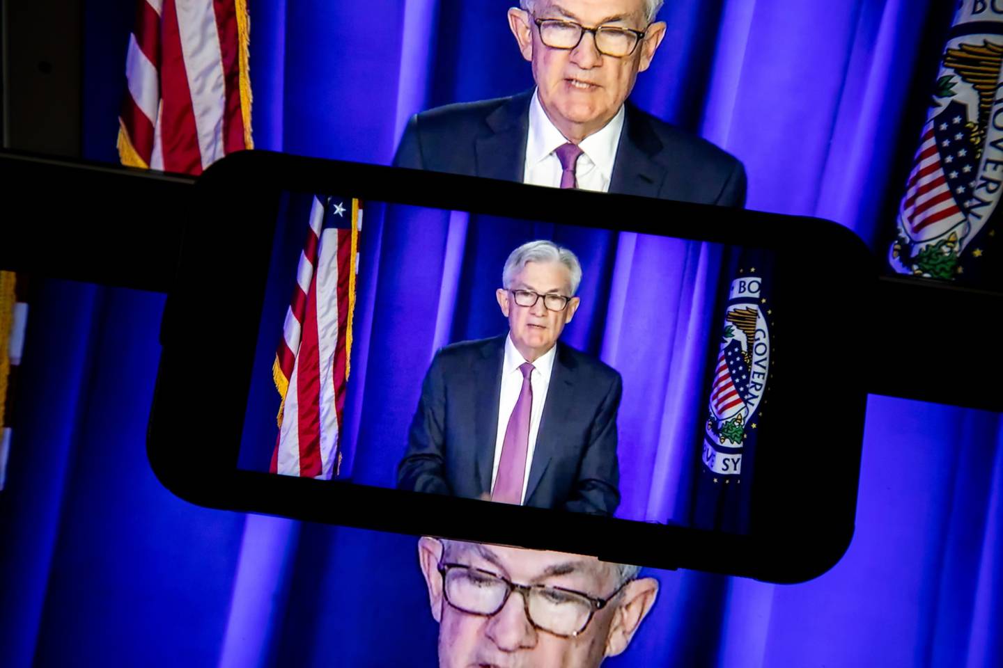 Jerome Powell, chairman of the U.S. Federal Reserve, speaks during a live-streamed news conference following a Federal Open Market Committee (FOMC) meeting in New York, U.S., on Wednesday, March 16, 2022. The Federal Reserve raised interest rates by a quarter percentage point and signaled hikes at all six remaining meetings this year, launching a campaign to tackle the fastest inflation in four decades even as risks to economic growth mount. Photographer: Michael Nagle/Bloomberg