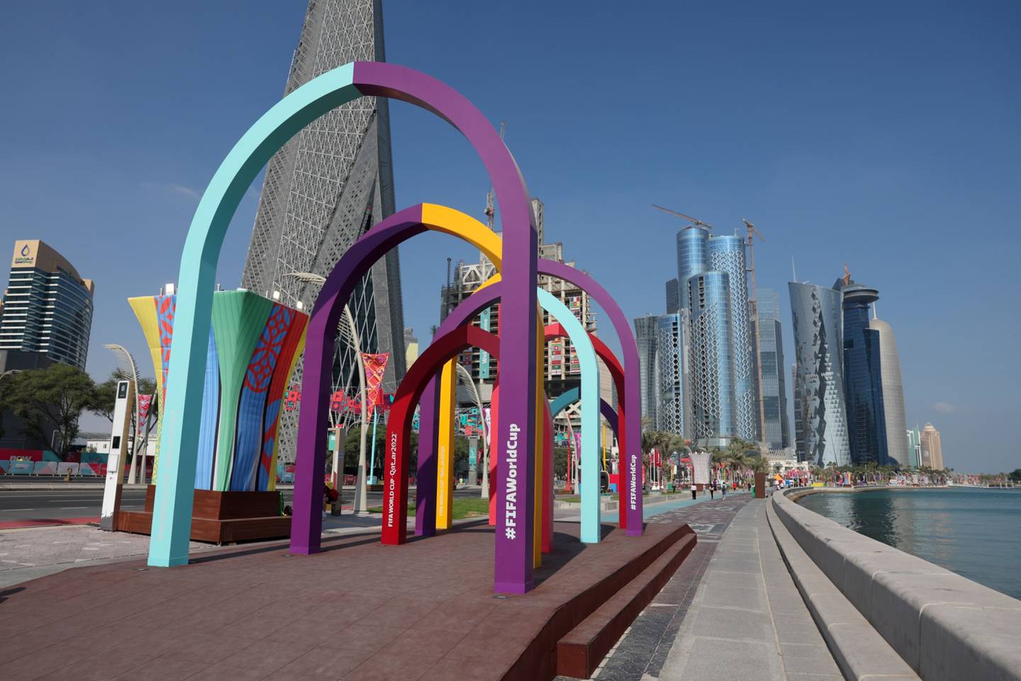 A FIFA World Cup 2022 walkway entrance along the Doha Corniche.dfd