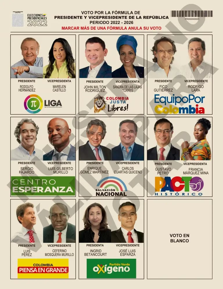 Tarjetón elecciones presidenciales de Colombia 2022dfd