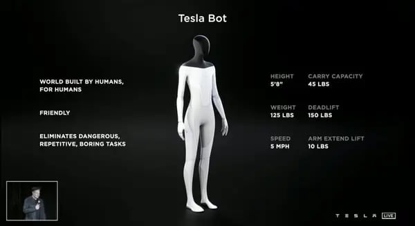 Imagen de "Teslabot" en una transmisión en vivo de la compañía liderada por Elon Musk. Crédito: Tesla