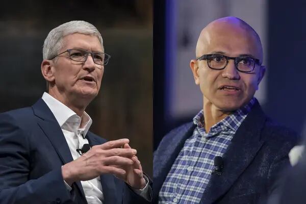 Tim Cook y Satya Nadella, CEOs de Apple y Microsoft.