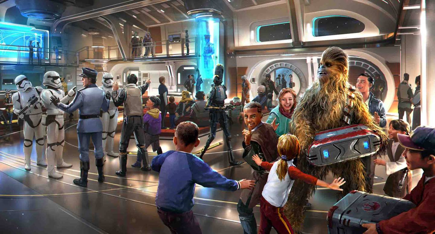 Guests will step into a bustling atrium when they arrive aboard Star Wars: Galactic Starcruiser Source: Disney/Lucasfilm Ltd.