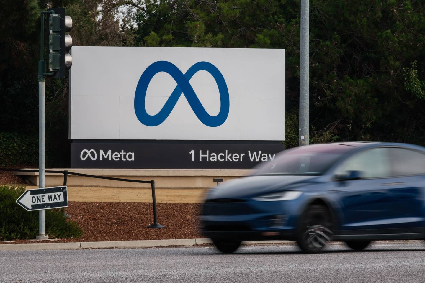 Meta Platforms signage outside the company's headquarters in Menlo Park, California, U.S., on Friday, Oct. 29, 2021.