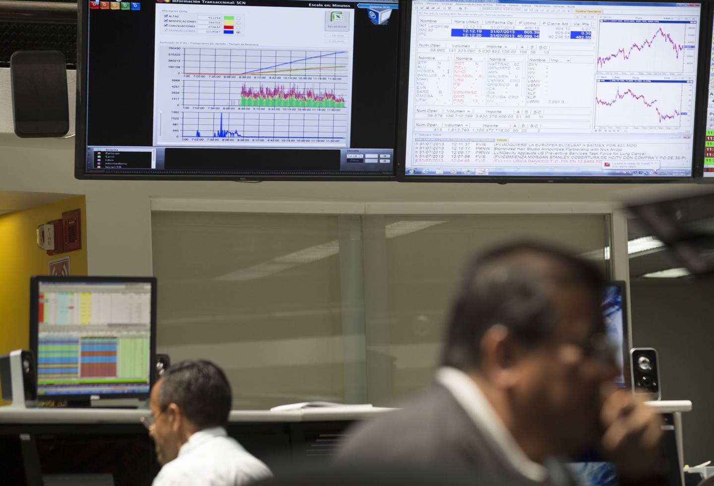 Workers monitor the stock market movement on the trading floor at the Bolsa Mexicana de Valores (BMV), Mexico's stock exchange, in Mexico City.