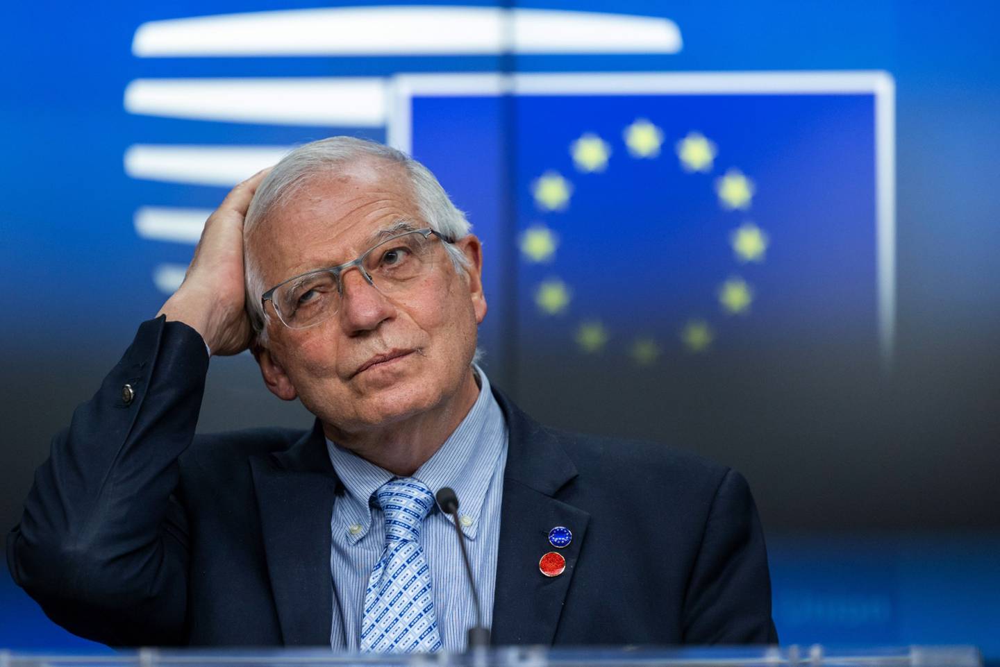 Josep Borrell, vicepresidente de la Comisión Europea, reacciona durante la conferencia de prensa tras una reunión del consejo de asuntos exteriores en Bruselas, Bélgica, el jueves 6 de mayo de 2021.