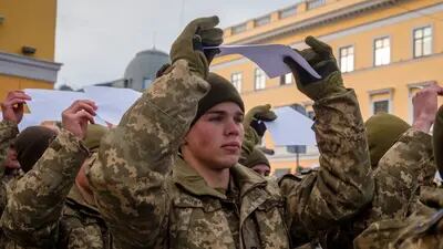 Ukrainian soldiers attend a rally in Odessa, Ukraine, on Jan. 22.