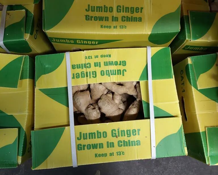 Boxes of fresh ginger, grown and imported from China, at New Spitalfields Market in London. Photographer: Aine Quinn/Bloombergdfd