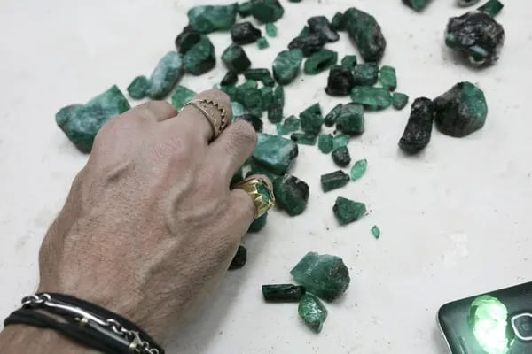Vartanian sorts through emeralds from the Belmont Mine in Brazil.