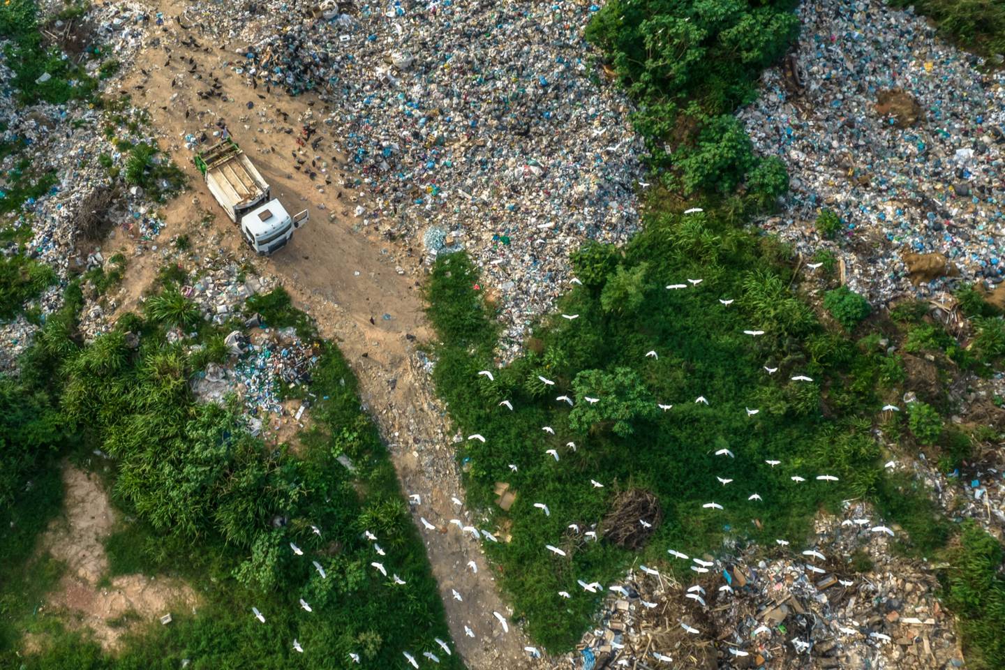 A truck dumps garbage at a landfill in Brazil in the Amazon rainforest.