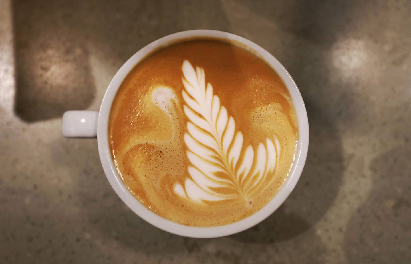 A 'latte art' fern pattern sits on the surface of a cup of coffee in the U.K.