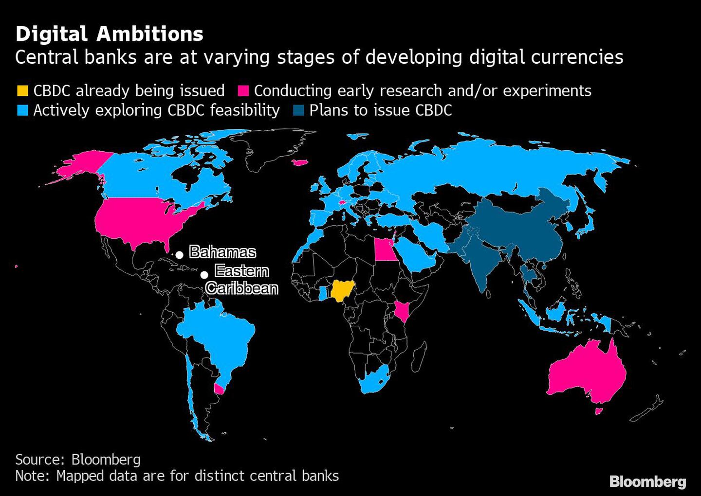 Na Ásia, bancos centrais planejam emitir moedas; na Europa, ainda estão pesquisando sua viabilidade; países como EUA e Austrália estão fazendo testes; Nigéria, Bahamas e Caribe Oriental estão emitindo suas próprias moedasdfd
