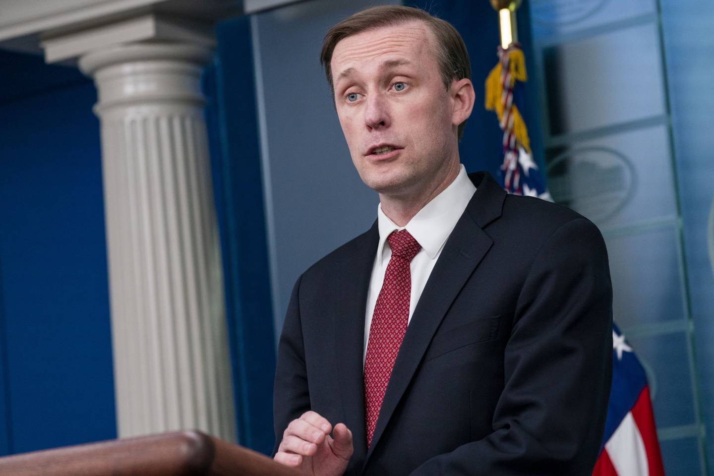 Jake Sullivan, White House national security adviser, speaks during a news conference in the James S. Brady Press Briefing Room at the White House in Washington, D.C., U.S., on Friday, Feb. 11, 2022. Sullivan said The United States believes Russia could take offensive military action or attempt to spark a conflict inside Ukraine as early as next week. Photographer: Shawn Thew/EPA/Bloomberg